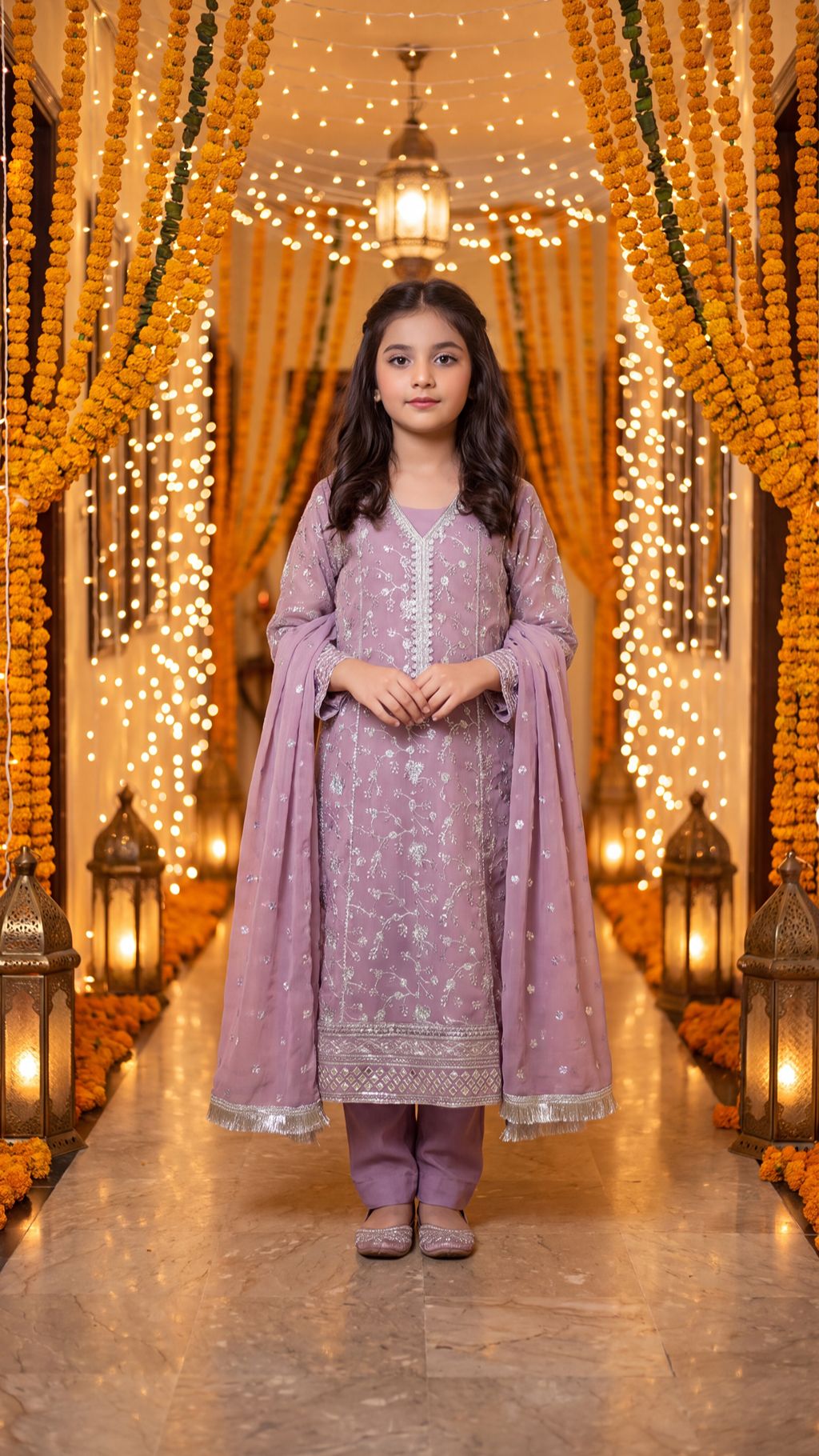 RUDAINA — Lavender Mist: Silver Embroidered Festive Maxi Dress with Trouser & Dupatta