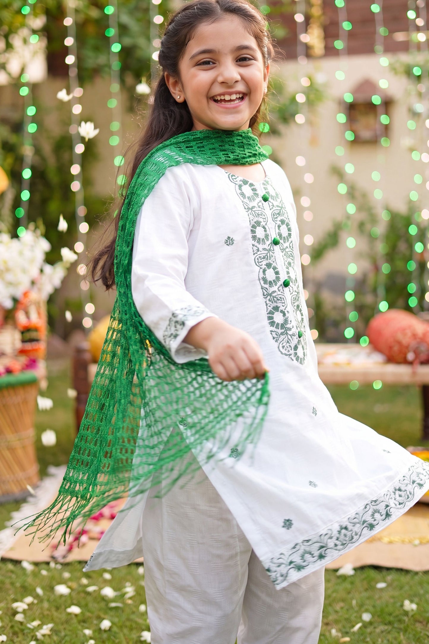 Azadi Joy: Green Embroidered White Kurti & Trouser Set