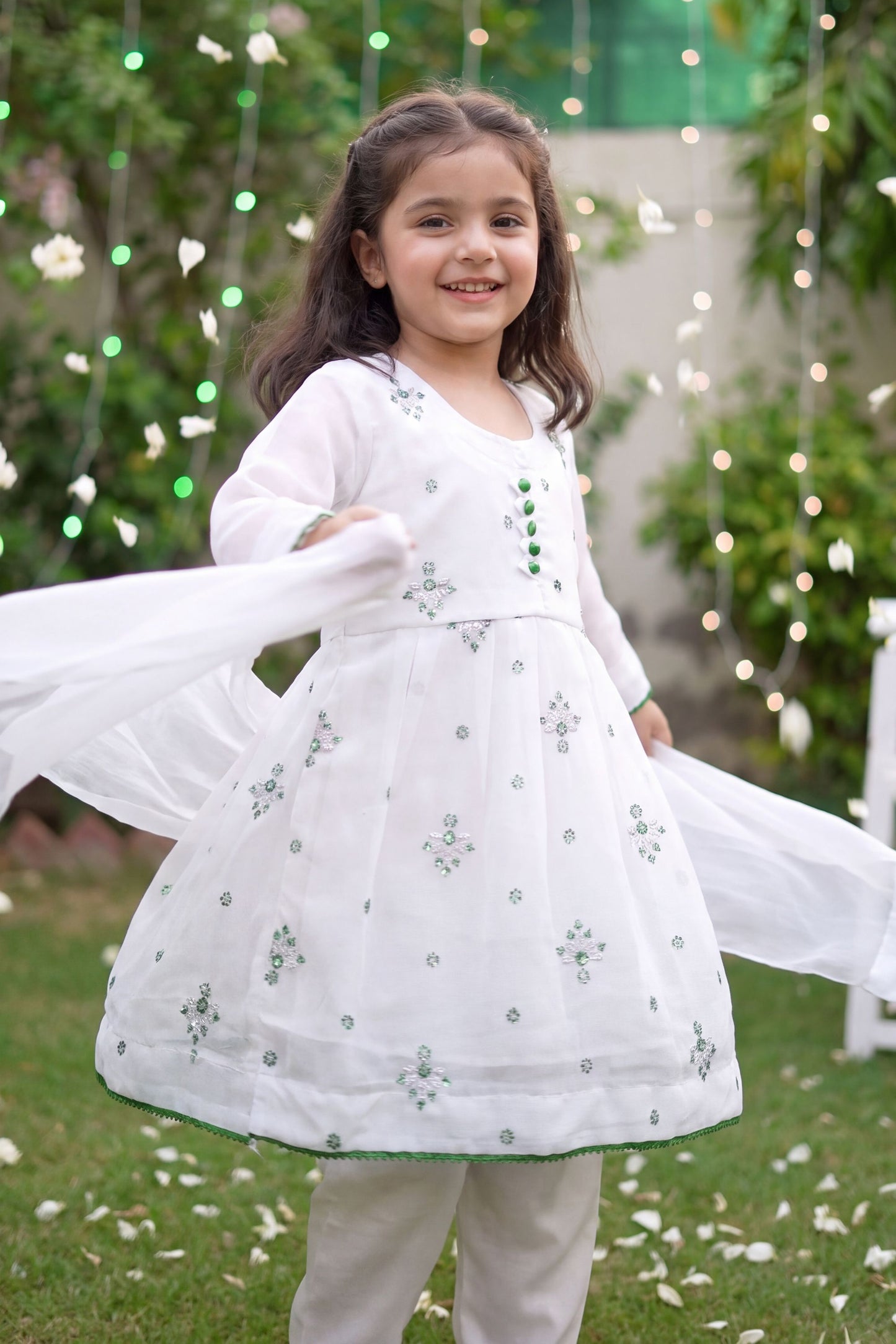 Azadi Sparkle: Chiffon Festive Frock with Green Buttons