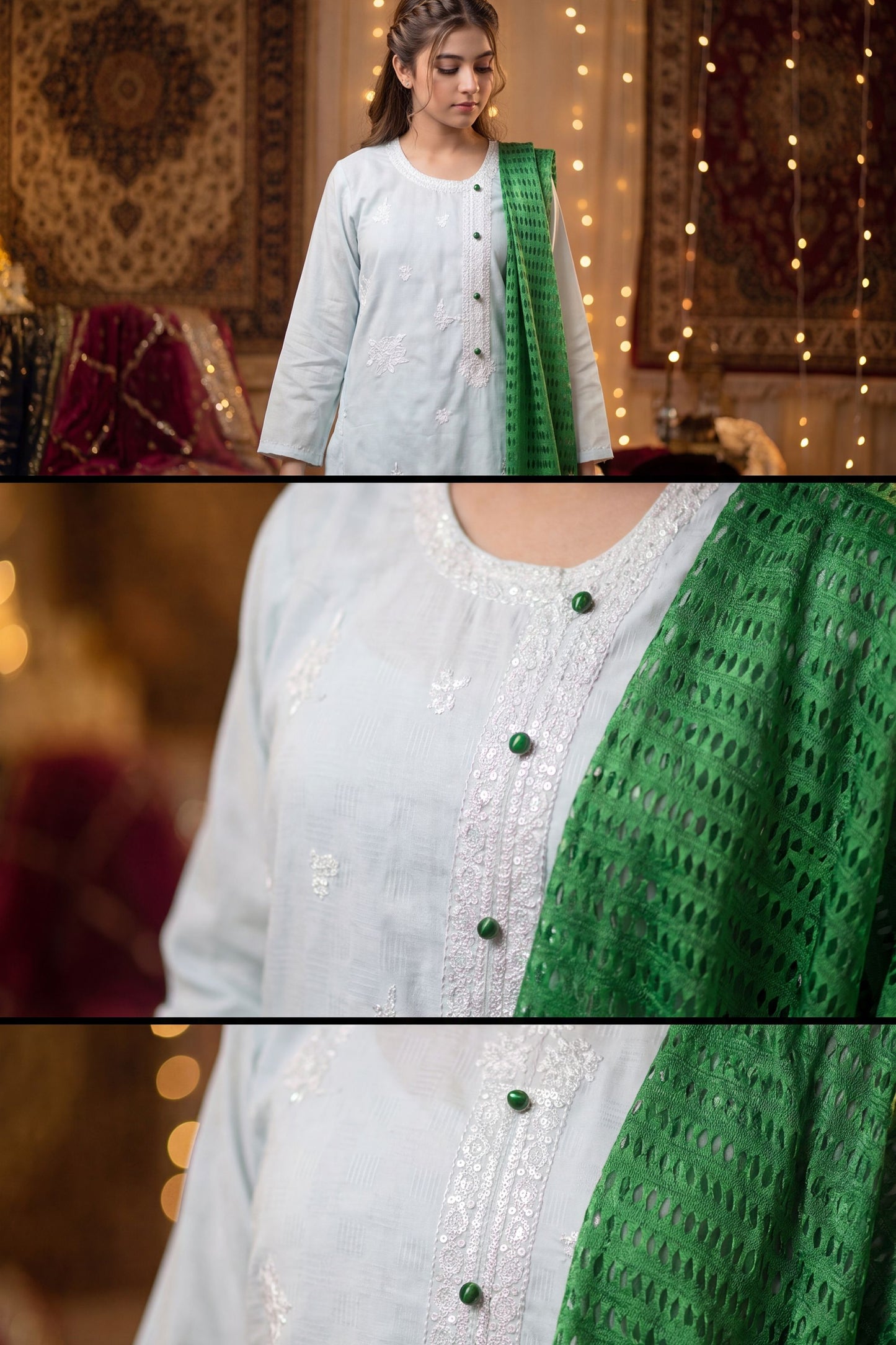 Azadi Grace: White embroidered Shirt with Green Accent Buttons And Dubatta