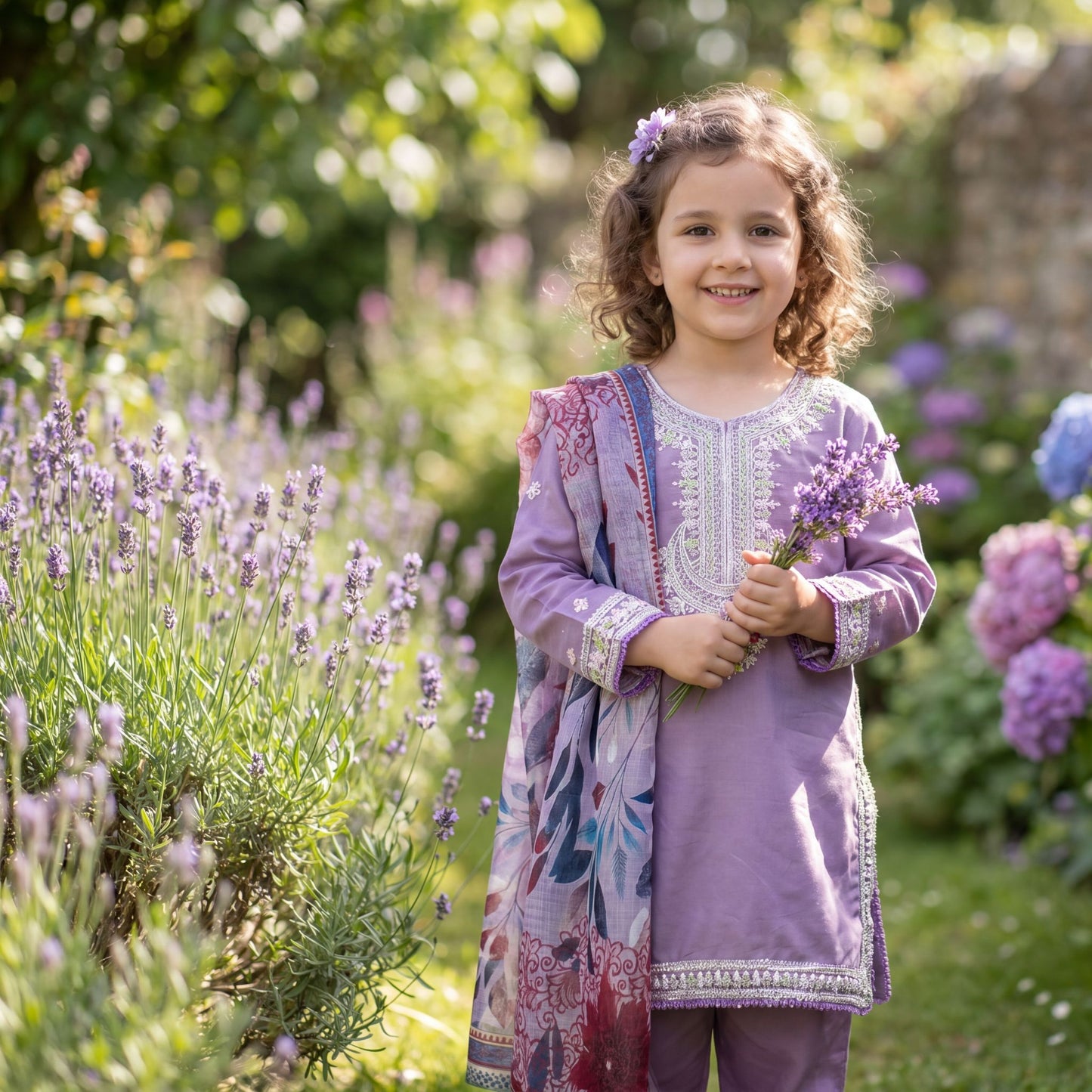 3-Piece Elegant Girl's Lavender Embroidered Cotton Suit with Floral Printed Dupatta