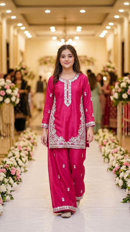 Natasha - Fuchsia Pink Silver-Embroidered Kurta & Trouser Set