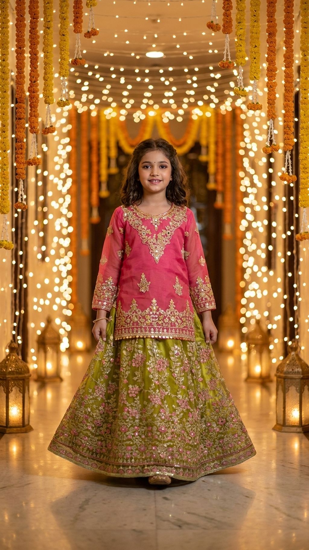 Mahnoor - Pink & Olive Embroidered Lehenga  Set