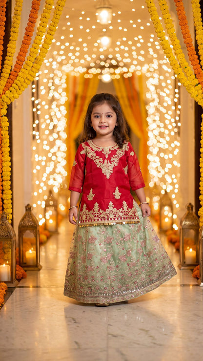 HAREEM-Crimson Sparkle Toddler Lehenga set