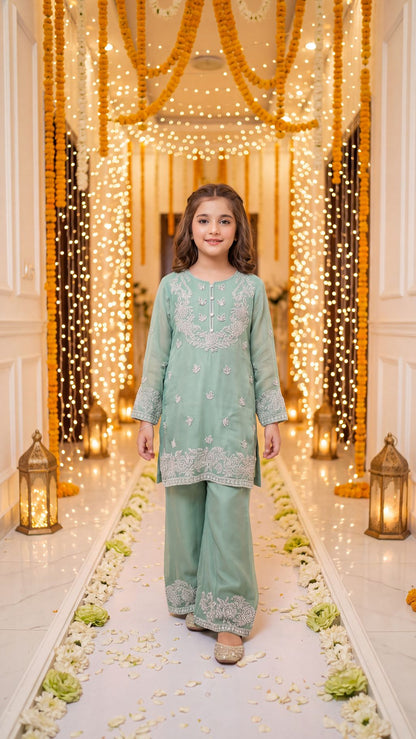 Ayla - Mint Pastel Silver-Embroidered Kurta & Trouser Set
