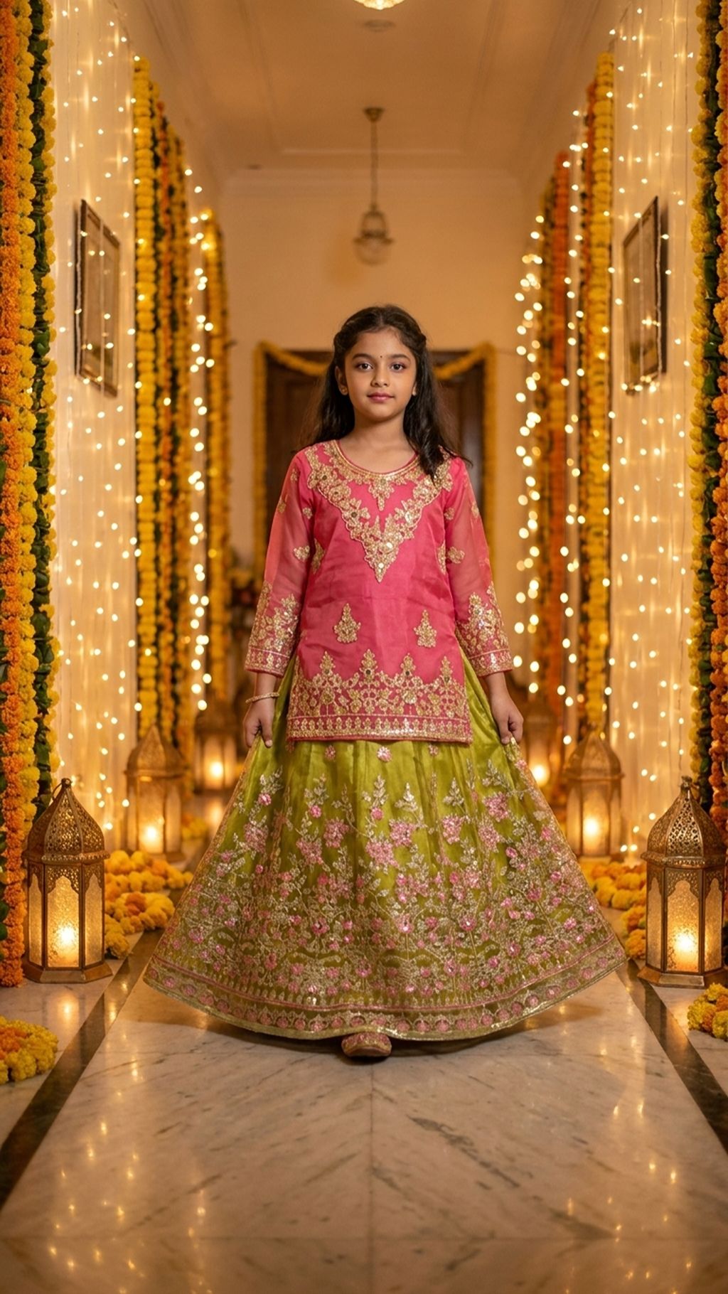 Mahnoor - Pink & Olive Embroidered Lehenga  Set