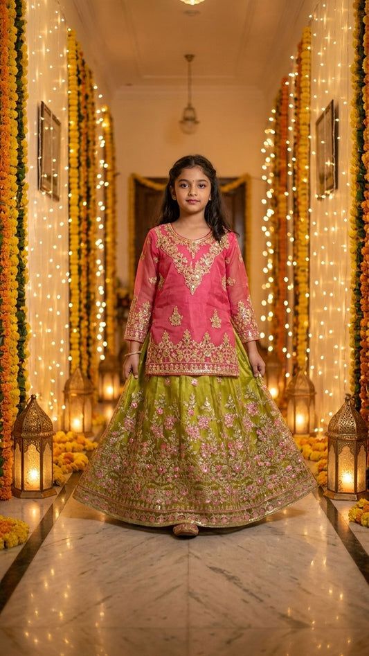 Mahnoor - Pink & Olive Embroidered Lehenga  Set