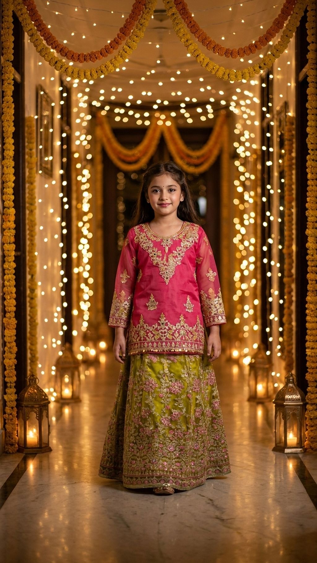 Mahnoor - Pink & Olive Embroidered Lehenga  Set
