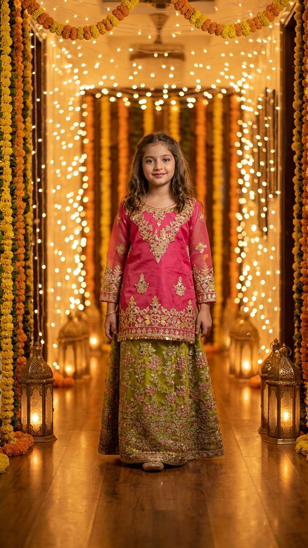 Mahnoor - Pink & Olive Embroidered Lehenga  Set