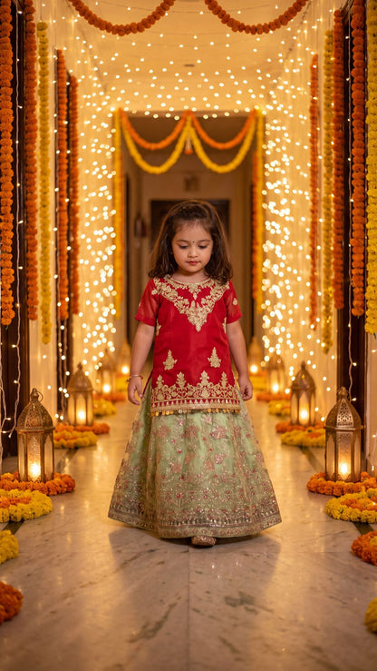 HAREEM-Crimson Sparkle Toddler Lehenga set