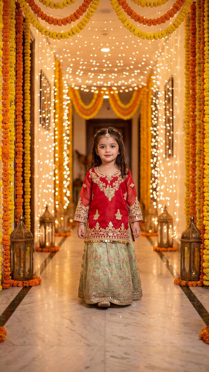 HAREEM-Crimson Sparkle Toddler Lehenga set