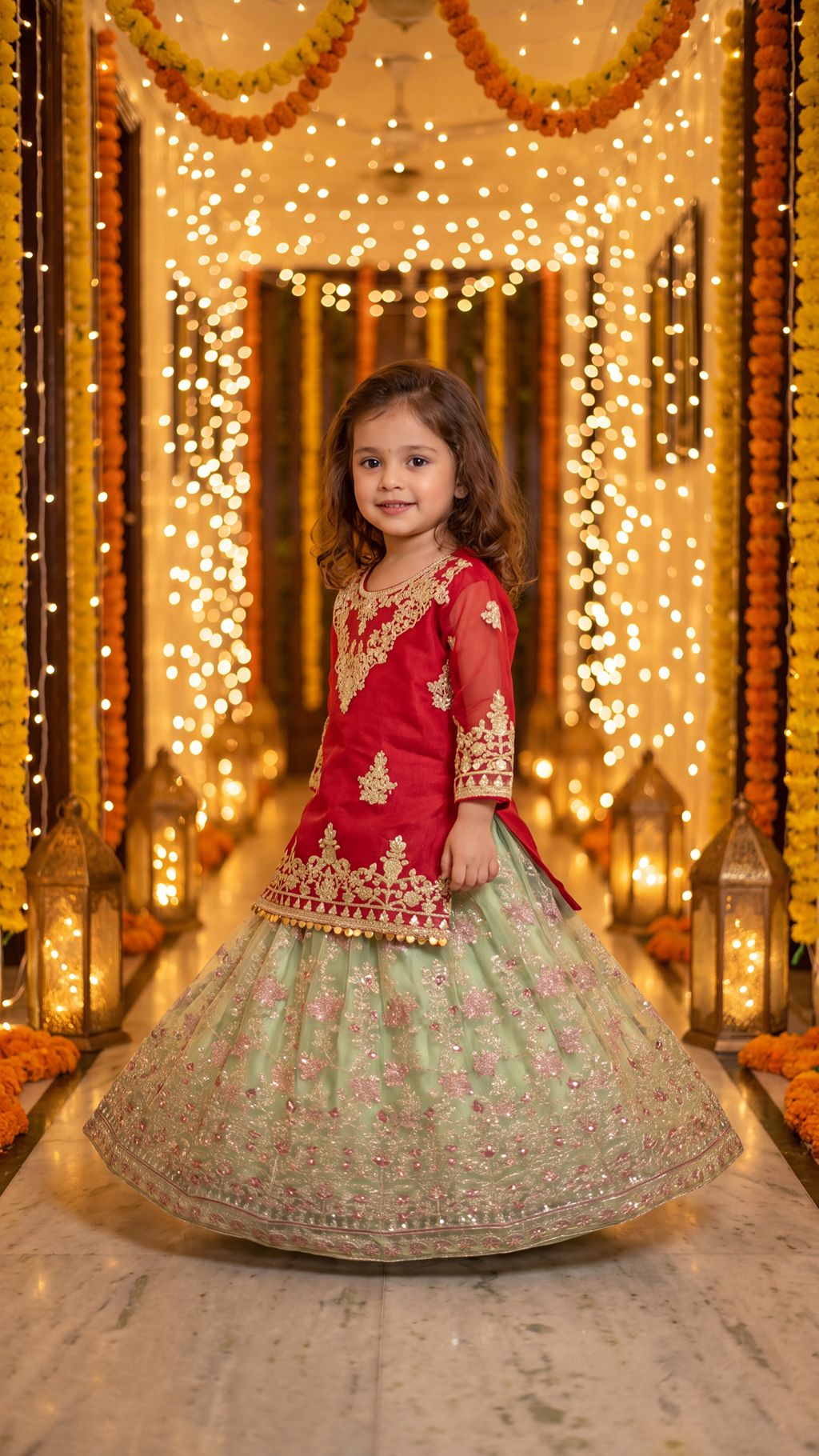 HAREEM-Crimson Sparkle Toddler Lehenga set