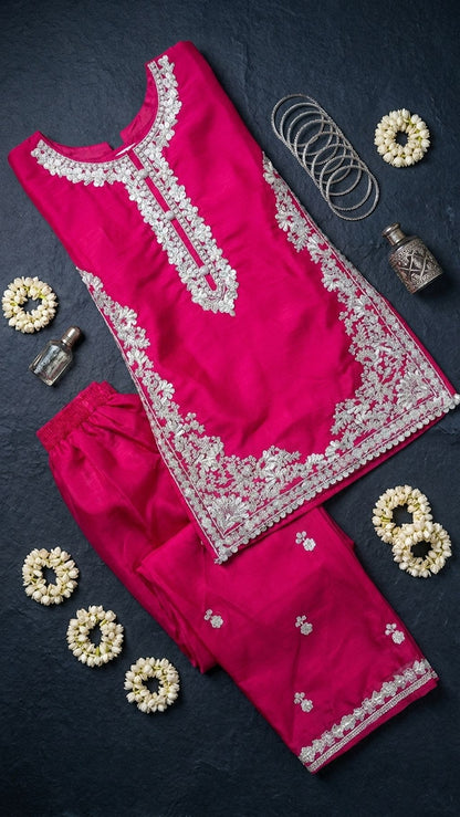 Natasha - Fuchsia Pink Silver-Embroidered Kurta & Trouser Set