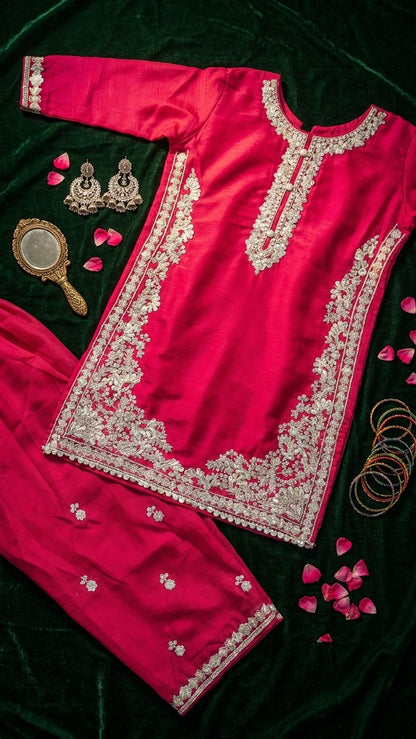 Natasha - Fuchsia Pink Silver-Embroidered Kurta & Trouser Set