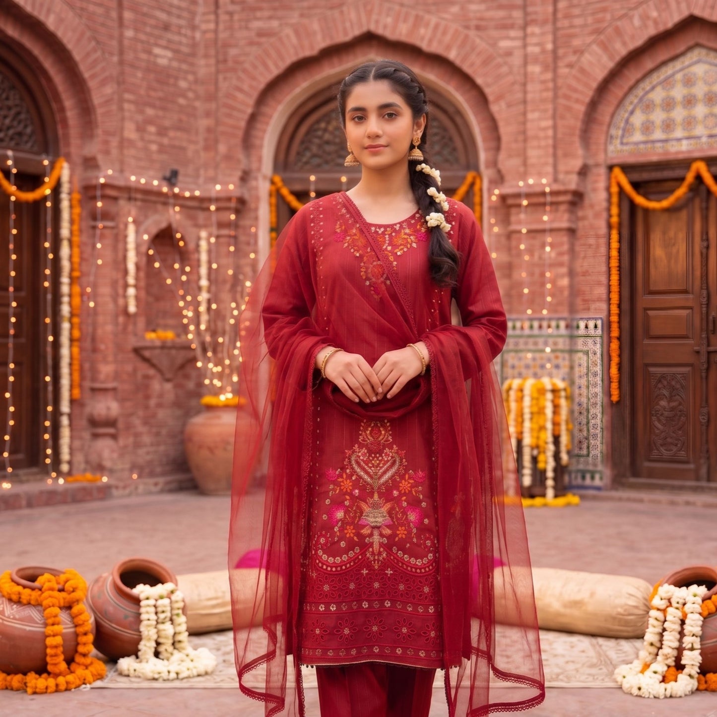 3 Piece Suit Deep Crimson Gilded Embroidery Tunic & Tapered Pants Set