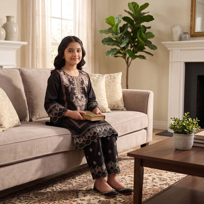 Black Embroidered 2-Piece  Set with Scalloped Hem