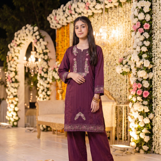 ESHA- Royal Plum Floral Embroidered 2-Piece Set (The Guria Signature)