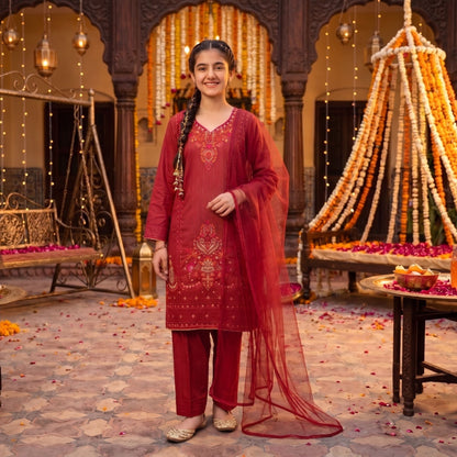 3 Piece Suit Deep Crimson Gilded Embroidery Tunic & Tapered Pants Set