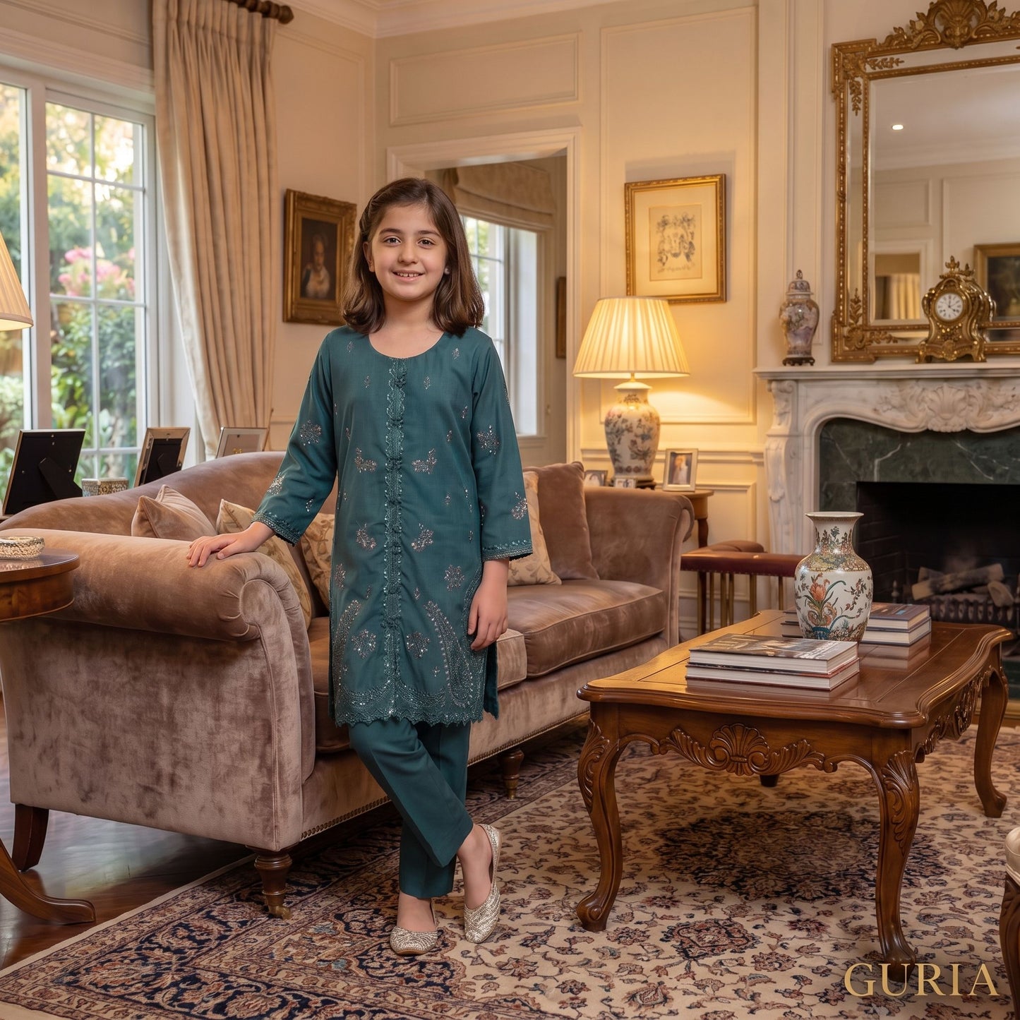 2-Piece Festive Set Deep Teal Embroidered