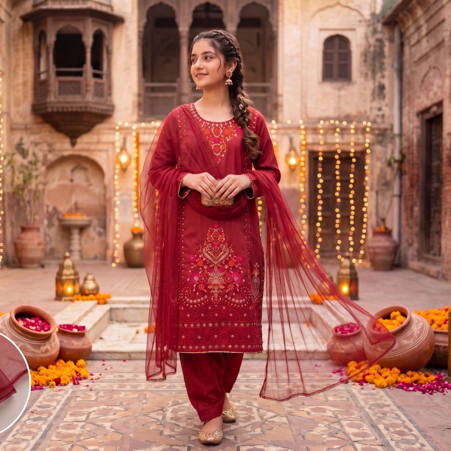 3 Piece Suit Deep Crimson Gilded Embroidery Tunic & Tapered Pants Set