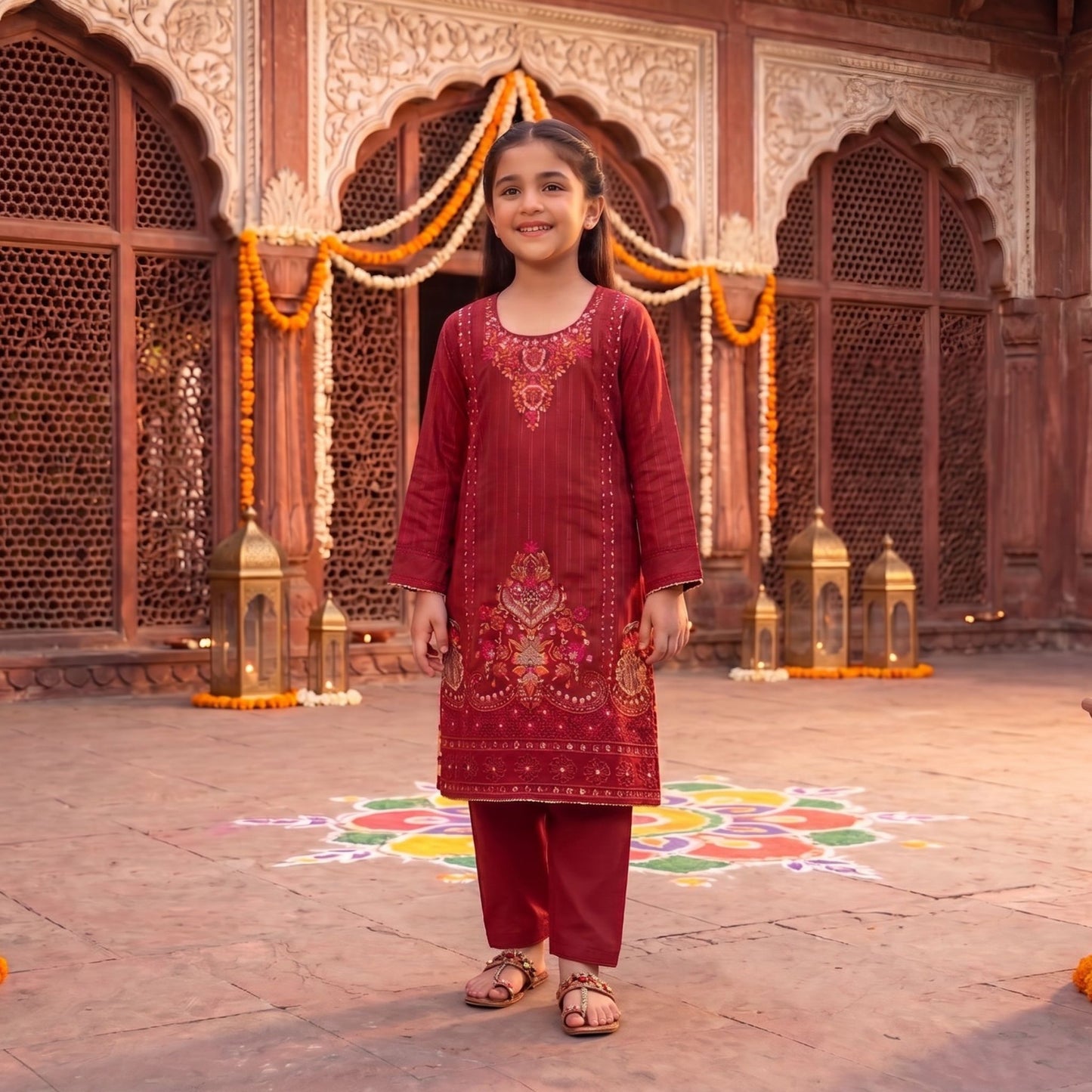 3 Piece Suit Deep Crimson Gilded Embroidery Tunic & Tapered Pants Set