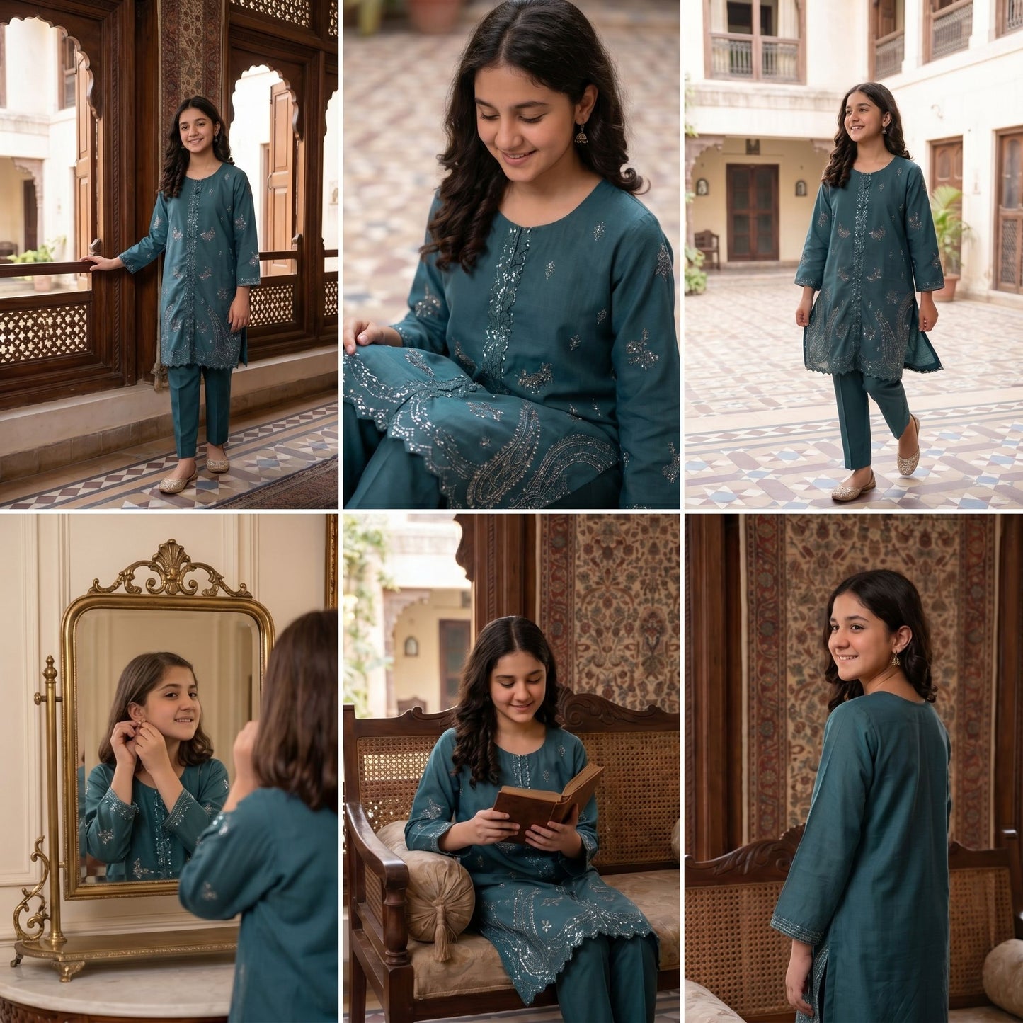 2-Piece Festive Set Deep Teal Embroidered