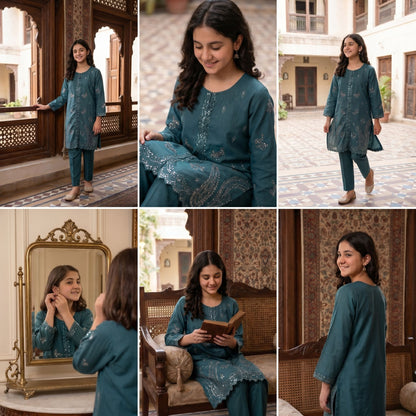 2-Piece Festive Set Deep Teal Embroidered