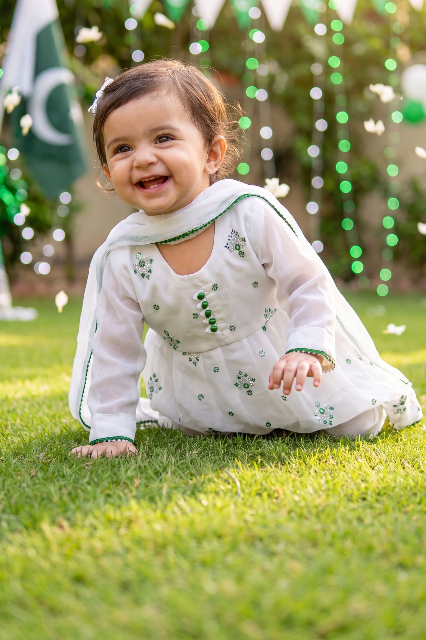 Azadi Sparkle: Chiffon Festive Frock with Green Buttons