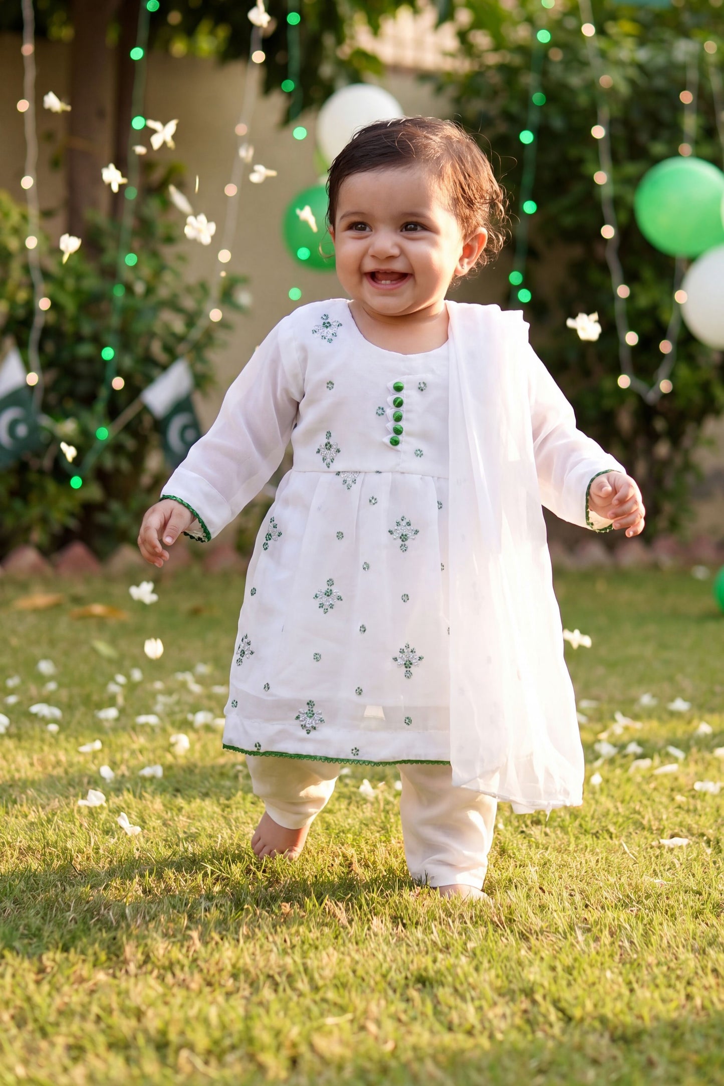 Azadi Sparkle: Chiffon Festive Frock with Green Buttons