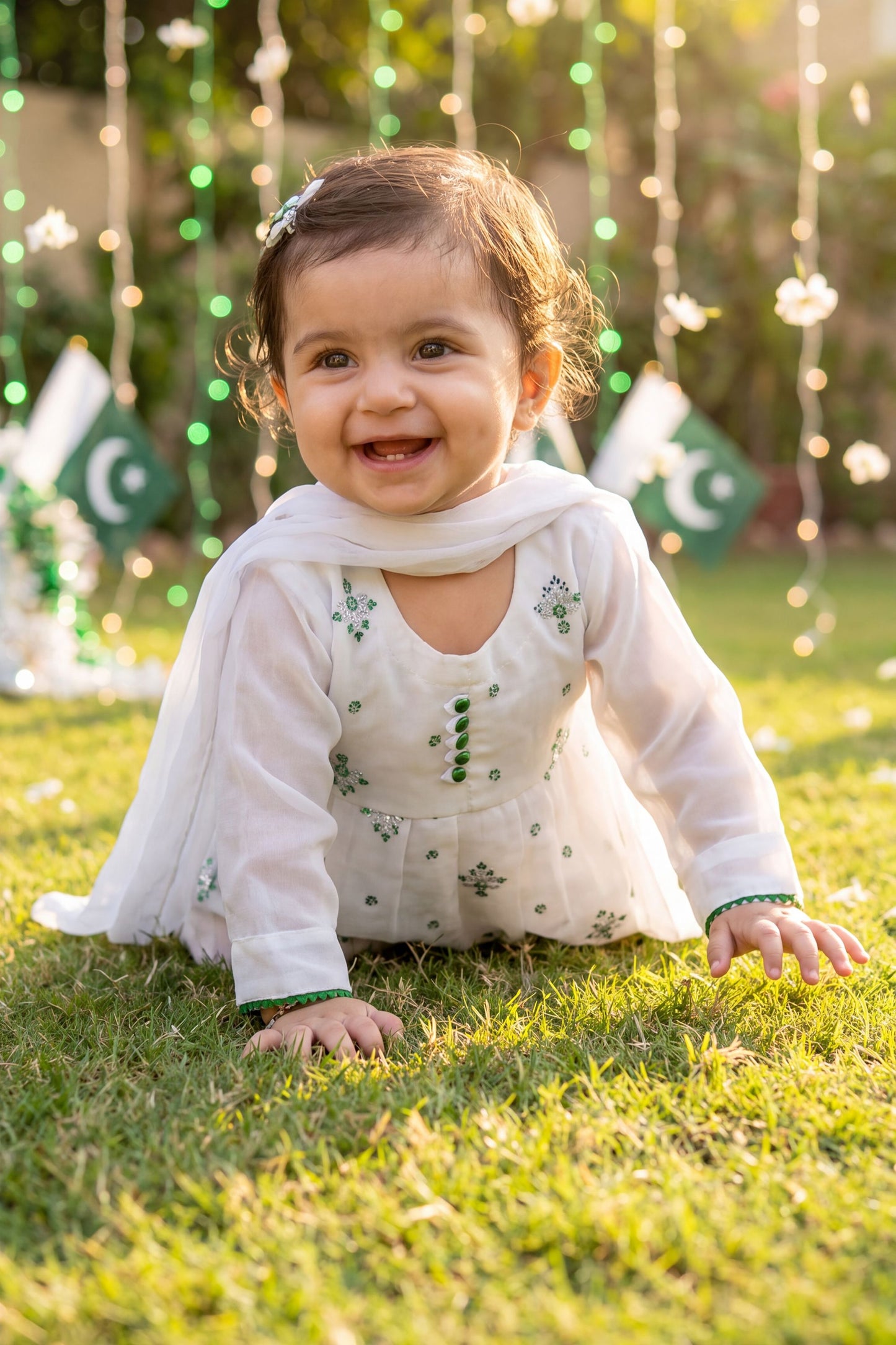 Azadi Sparkle: Chiffon Festive Frock with Green Buttons
