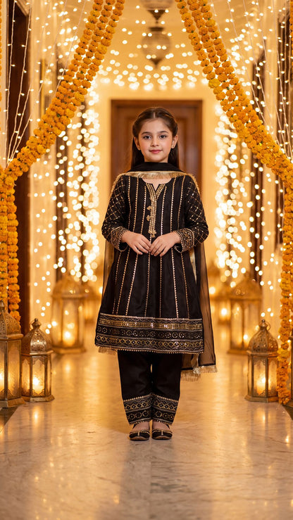 SAIRA— Ethereal Noir: Gold-Embroidered Festive Frock with Trouser & Dupatta