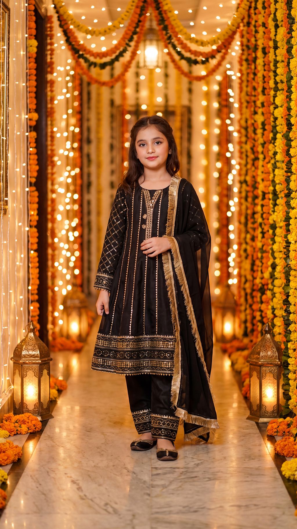 SAIRA— Ethereal Noir: Gold-Embroidered Festive Frock with Trouser & Dupatta
