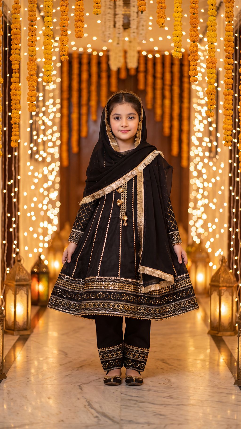SAIRA— Ethereal Noir: Gold-Embroidered Festive Frock with Trouser & Dupatta
