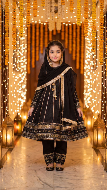 SAIRA— Ethereal Noir: Gold-Embroidered Festive Frock with Trouser & Dupatta
