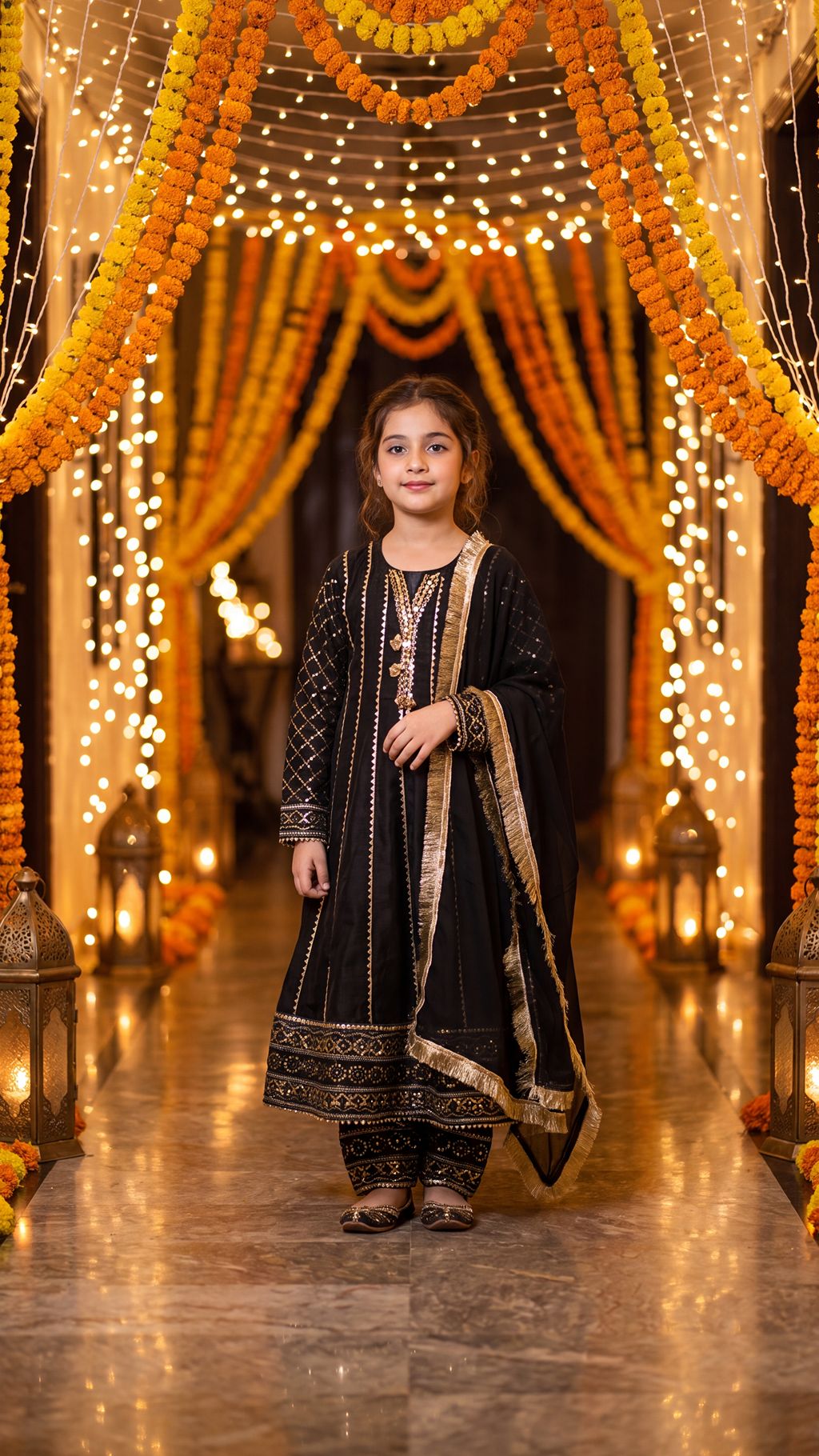SAIRA— Ethereal Noir: Gold-Embroidered Festive Frock with Trouser & Dupatta