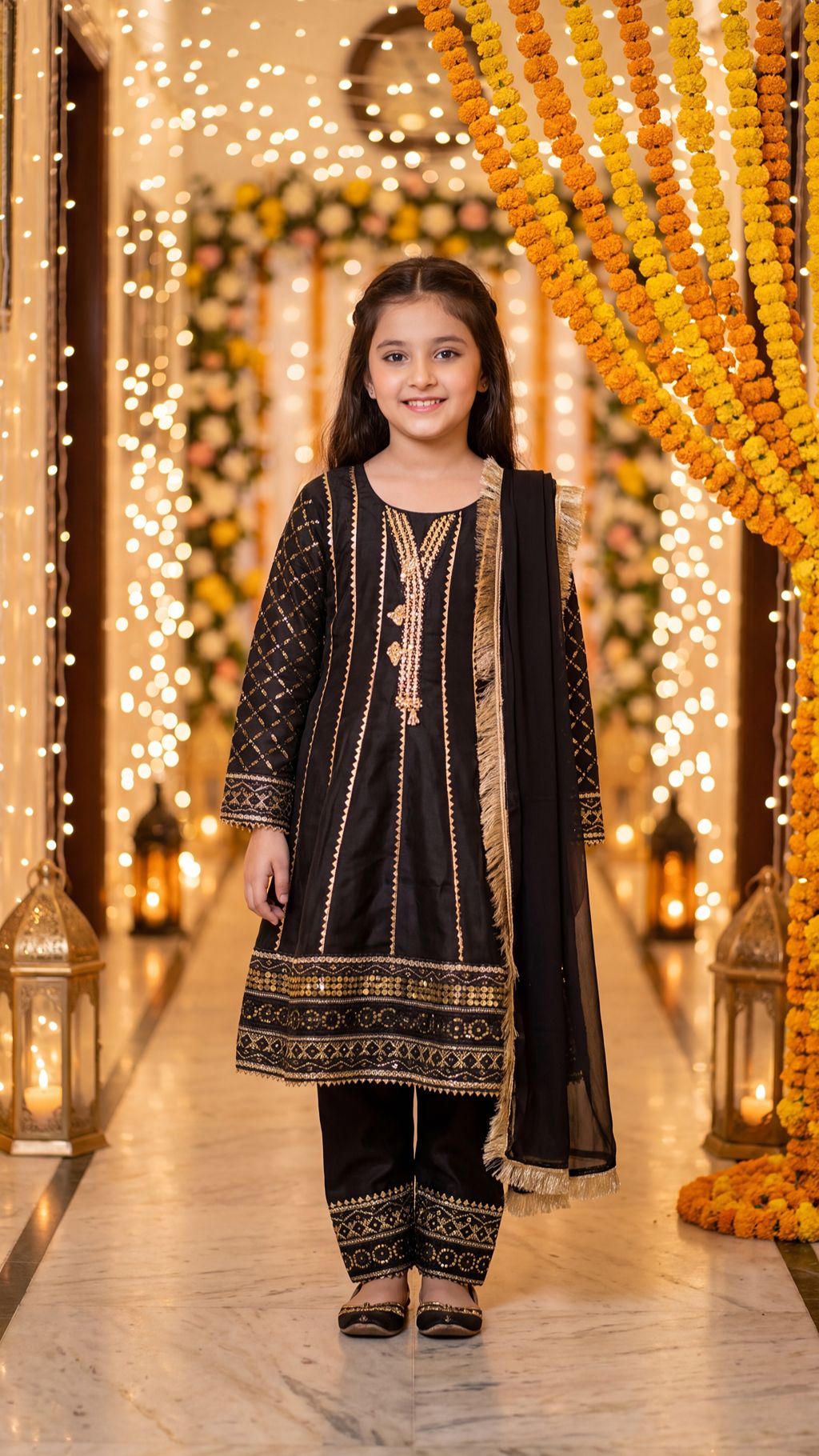 SAIRA— Ethereal Noir: Gold-Embroidered Festive Frock with Trouser & Dupatta