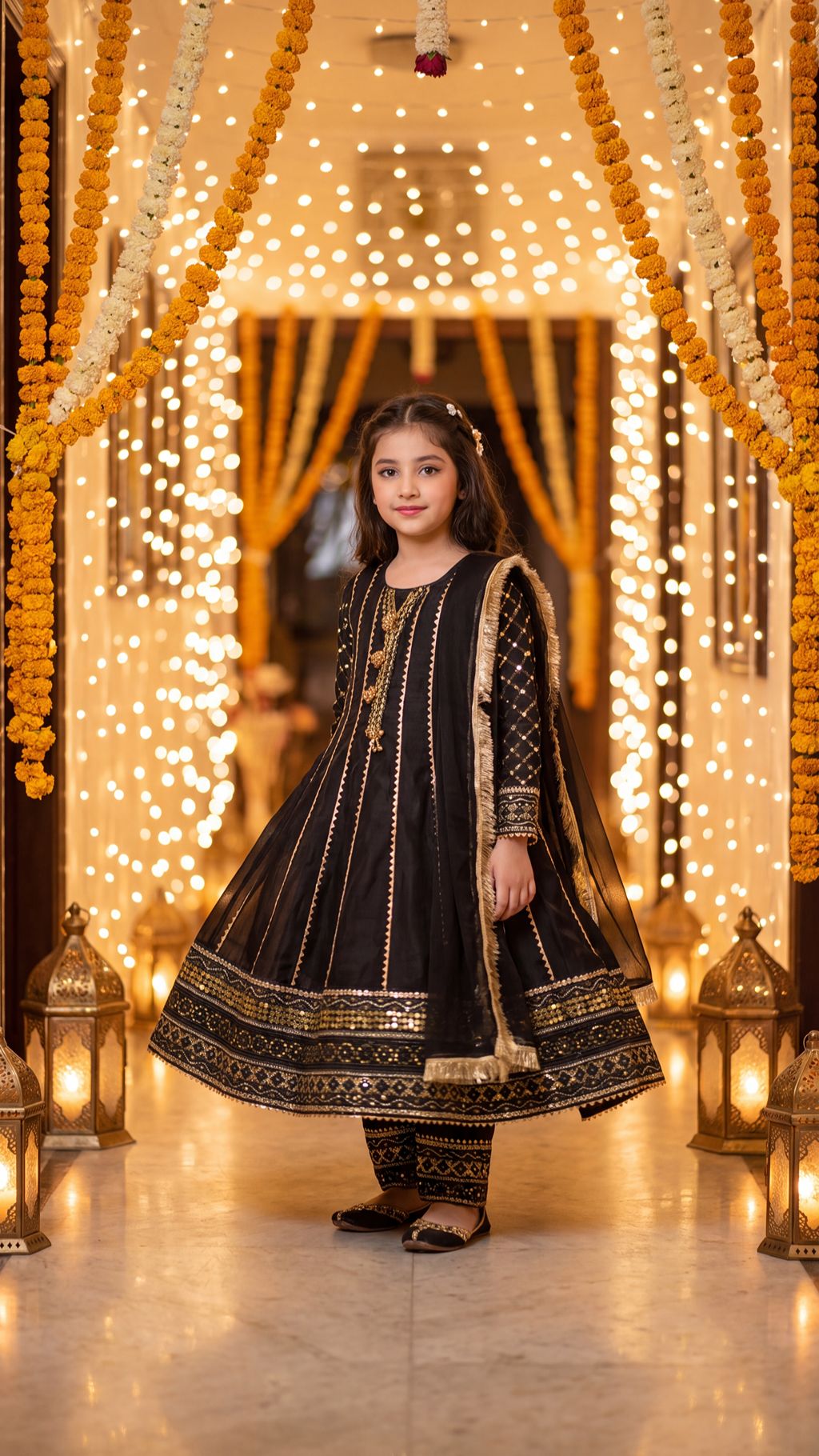 SAIRA— Ethereal Noir: Gold-Embroidered Festive Frock with Trouser & Dupatta