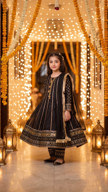 SAIRA— Ethereal Noir: Gold-Embroidered Festive Frock with Trouser & Dupatta