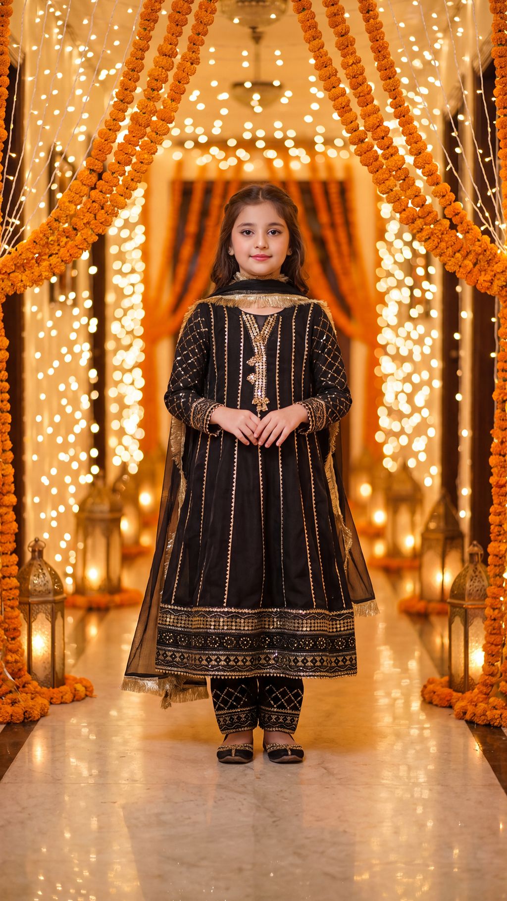 SAIRA— Ethereal Noir: Gold-Embroidered Festive Frock with Trouser & Dupatta