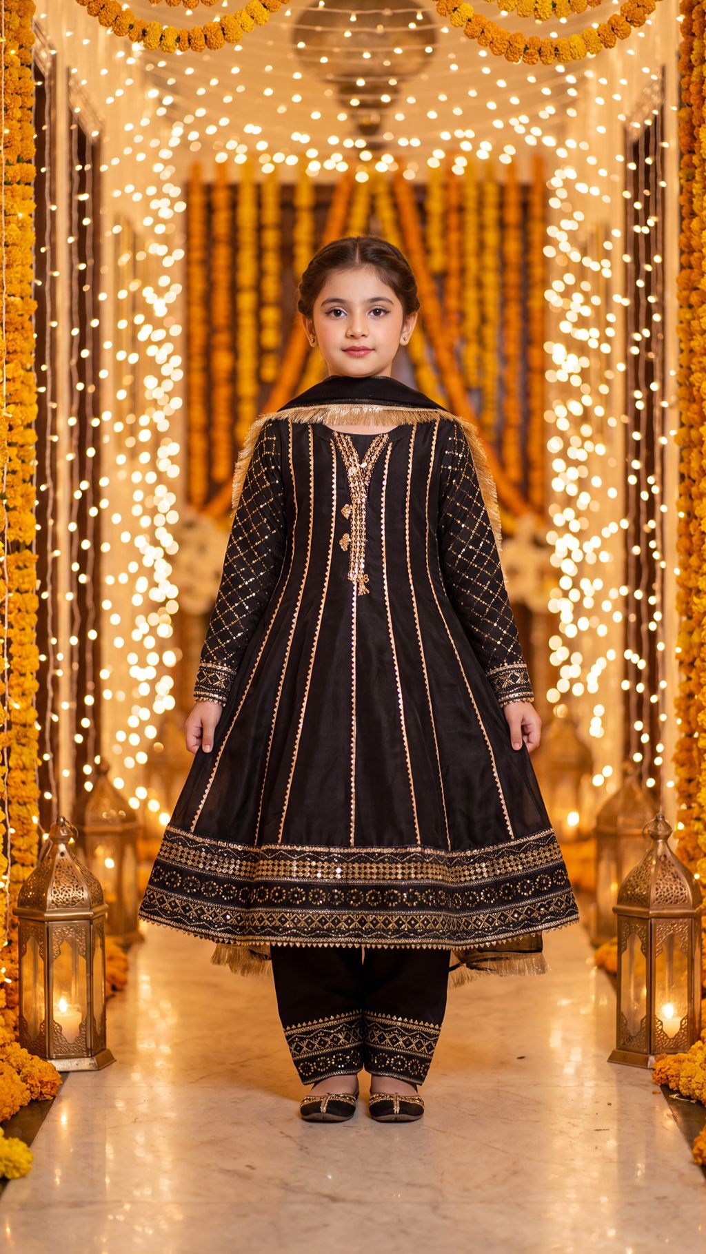 SAIRA— Ethereal Noir: Gold-Embroidered Festive Frock with Trouser & Dupatta