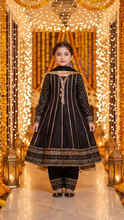 SAIRA— Ethereal Noir: Gold-Embroidered Festive Frock with Trouser & Dupatta
