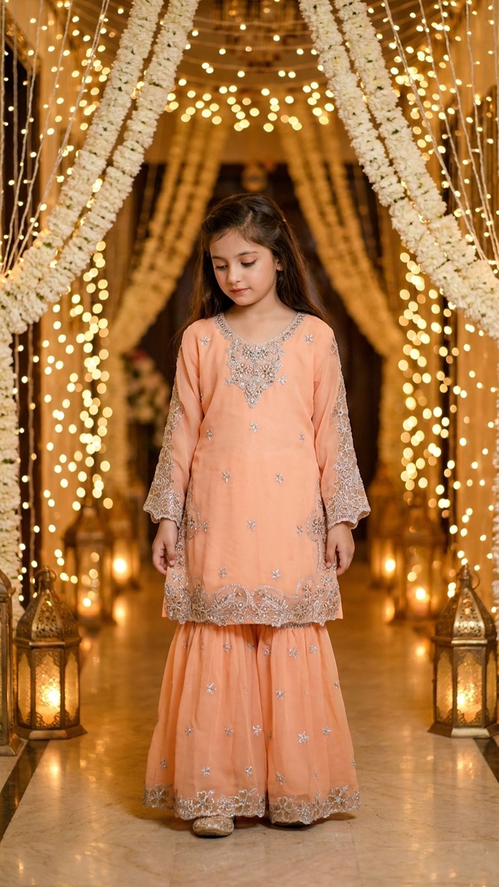 AFIA  - Peach Pastel Silver-Embroidered Gharara Set