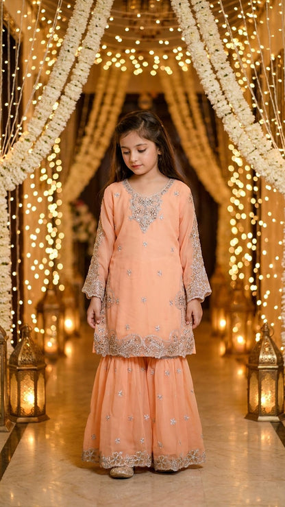 AFIA  - Peach Pastel Silver-Embroidered Gharara Set