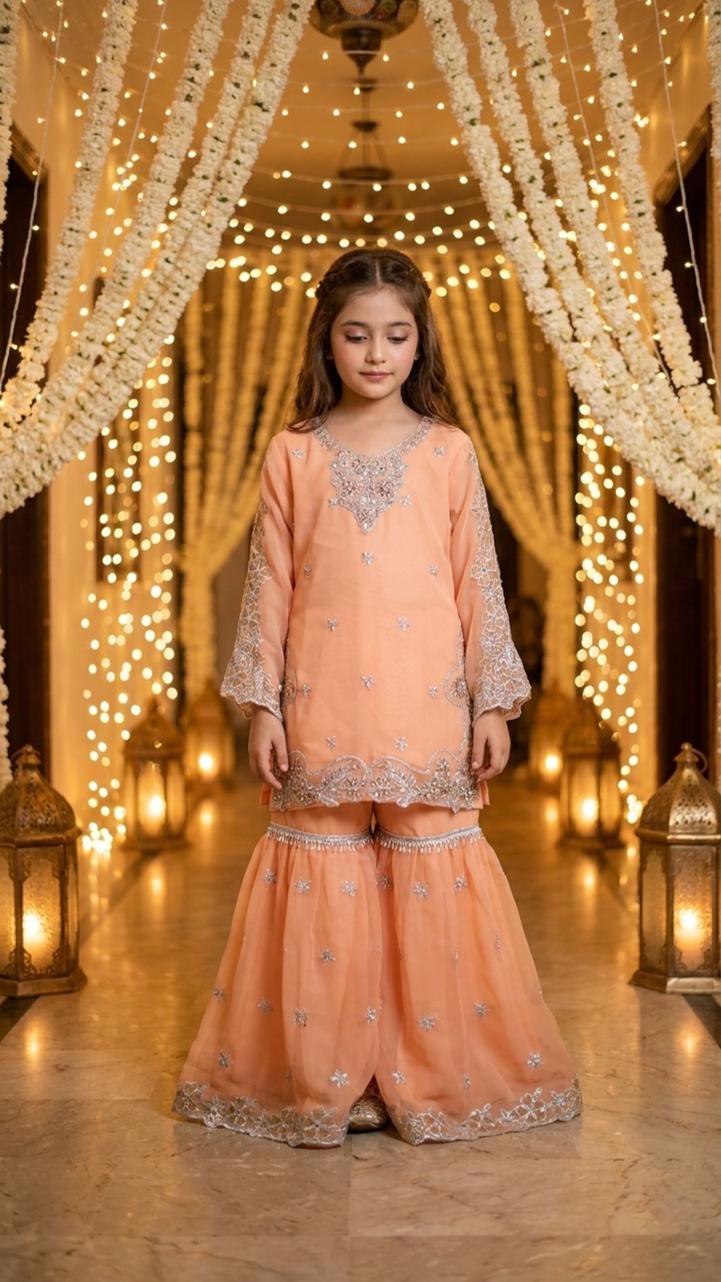 AFIA  - Peach Pastel Silver-Embroidered Gharara Set