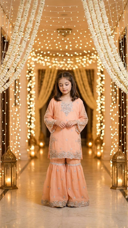 AFIA  - Peach Pastel Silver-Embroidered Gharara Set