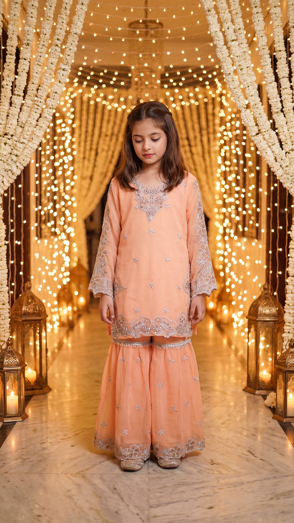 AFIA  - Peach Pastel Silver-Embroidered Gharara Set