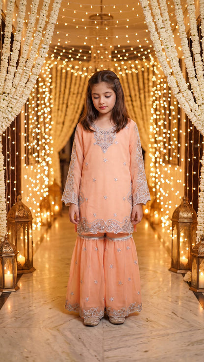 AFIA  - Peach Pastel Silver-Embroidered Gharara Set