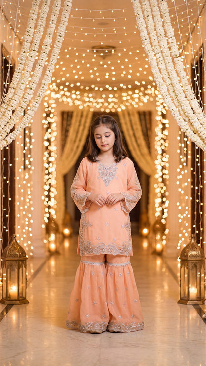 AFIA  - Peach Pastel Silver-Embroidered Gharara Set