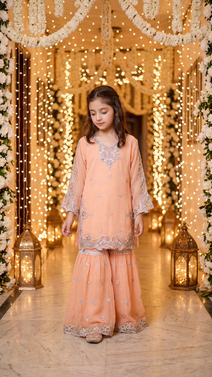AFIA  - Peach Pastel Silver-Embroidered Gharara Set