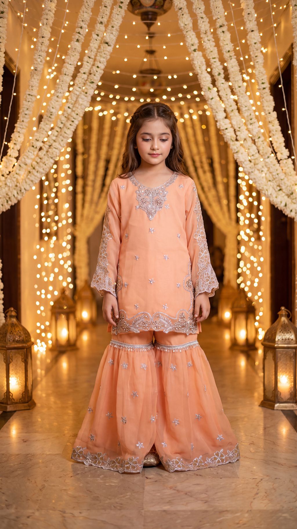 AFIA  - Peach Pastel Silver-Embroidered Gharara Set